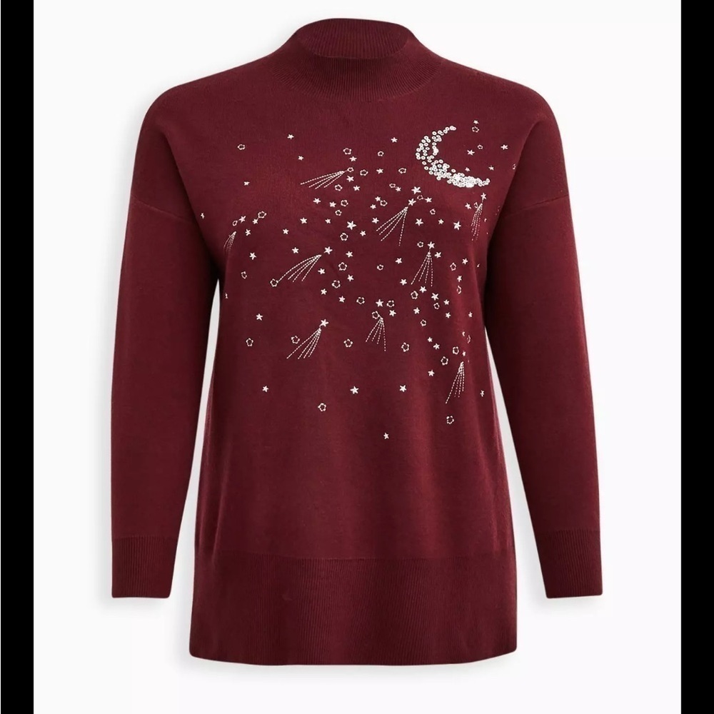 Torrid Burgundy Maroon Silver Sequin Moon Mock Neck Sweater 1X - Picture 11 of 11